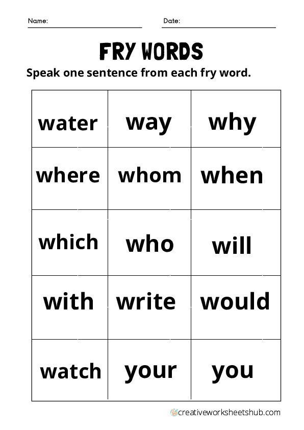 Fry Words Worksheet - creativeworksheetshub