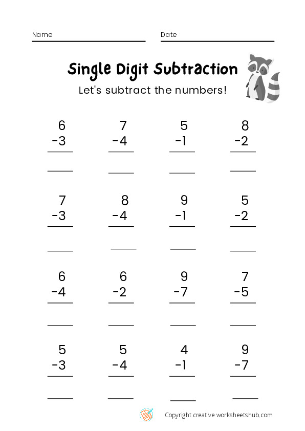 Single Digit Subtraction Worksheet by Creative Worksheets Hub