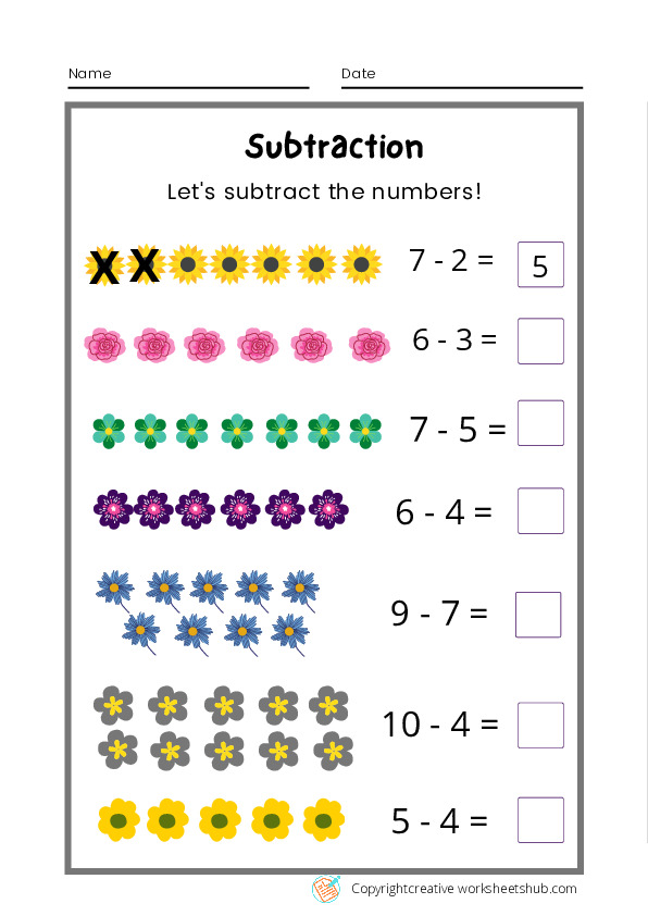 flower-themed free kindergarten subtraction worksheet