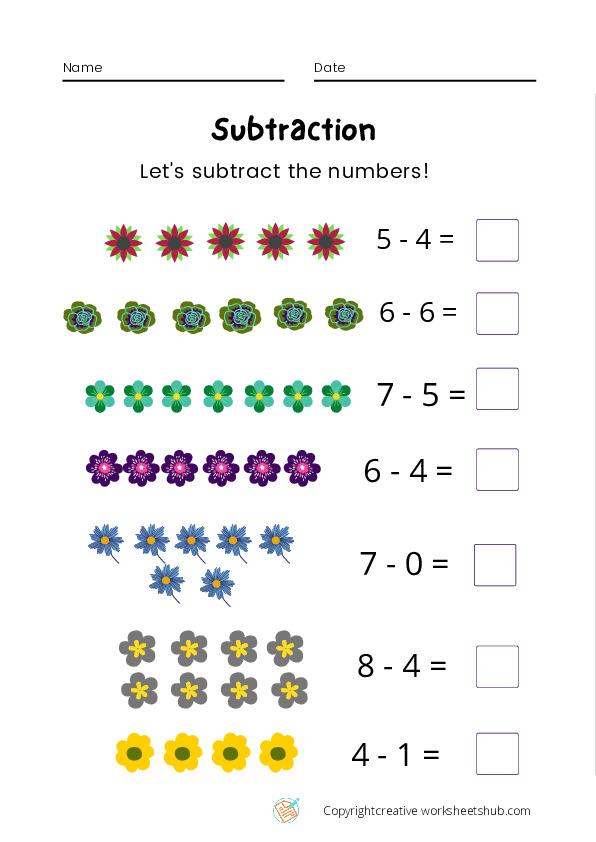 Flower Free Printable Kindergarten Subtraction Worksheet