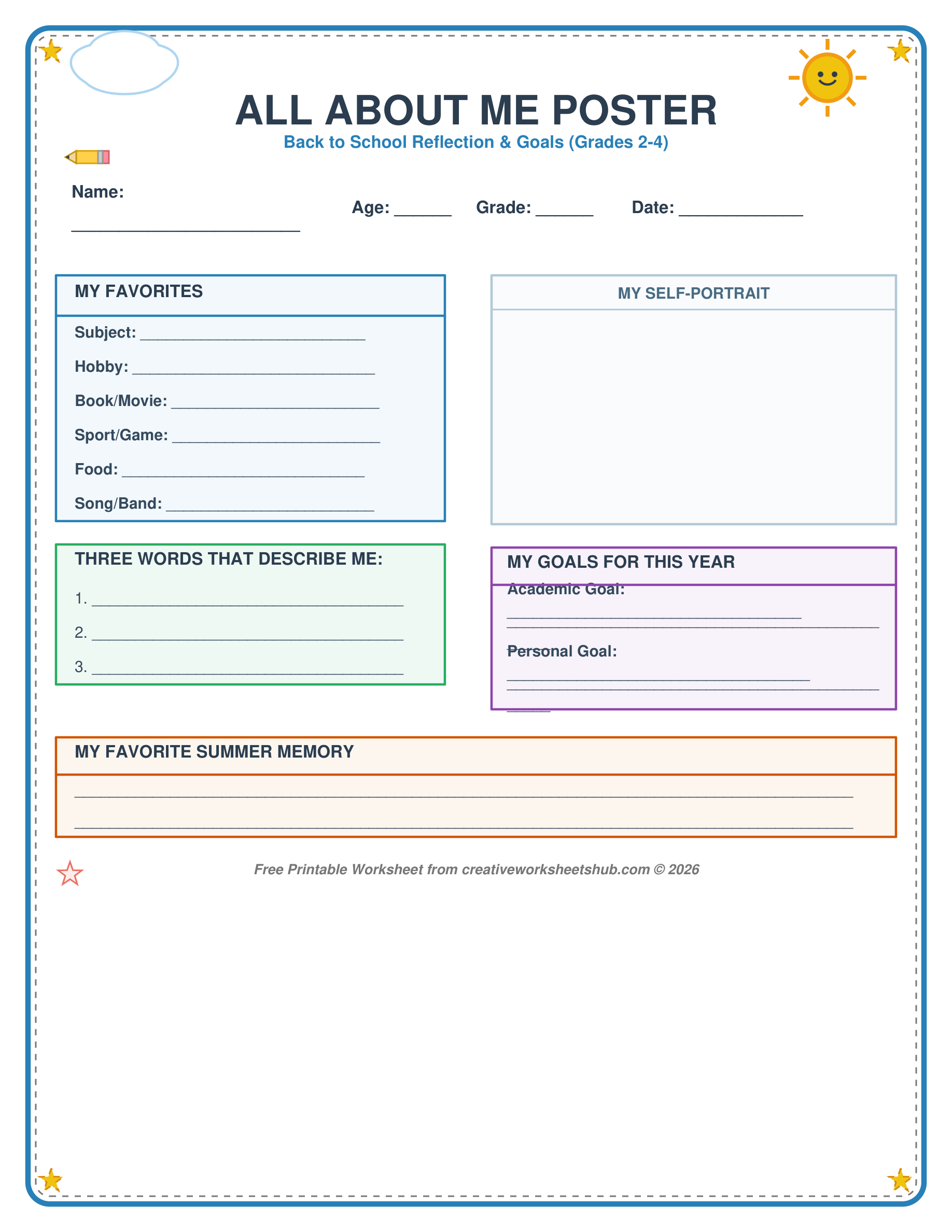 All About Me Worksheet Printable - Grades 2, 3, and 4 Version