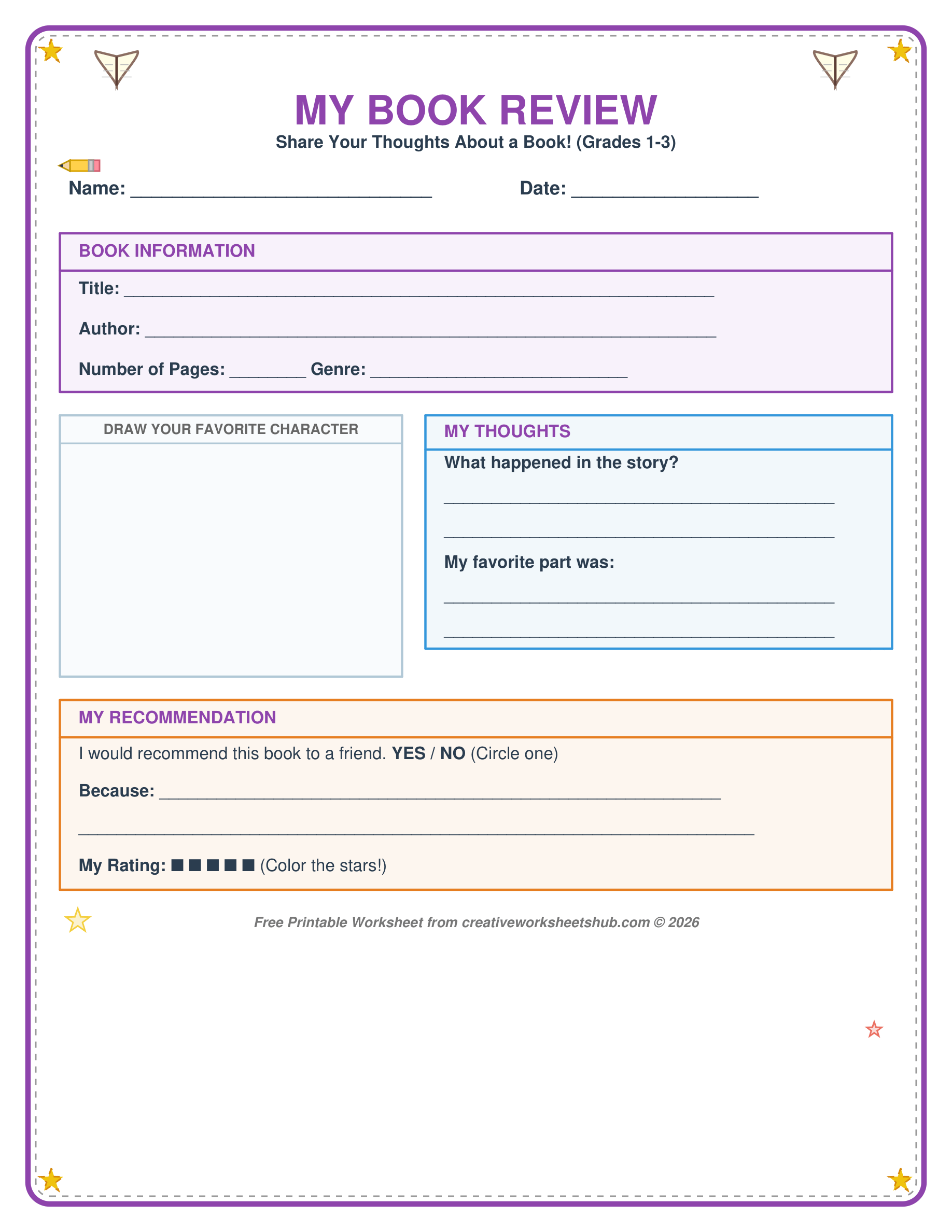 Free Printable Book Review Template for Elementary Students with drawing section and writing prompts