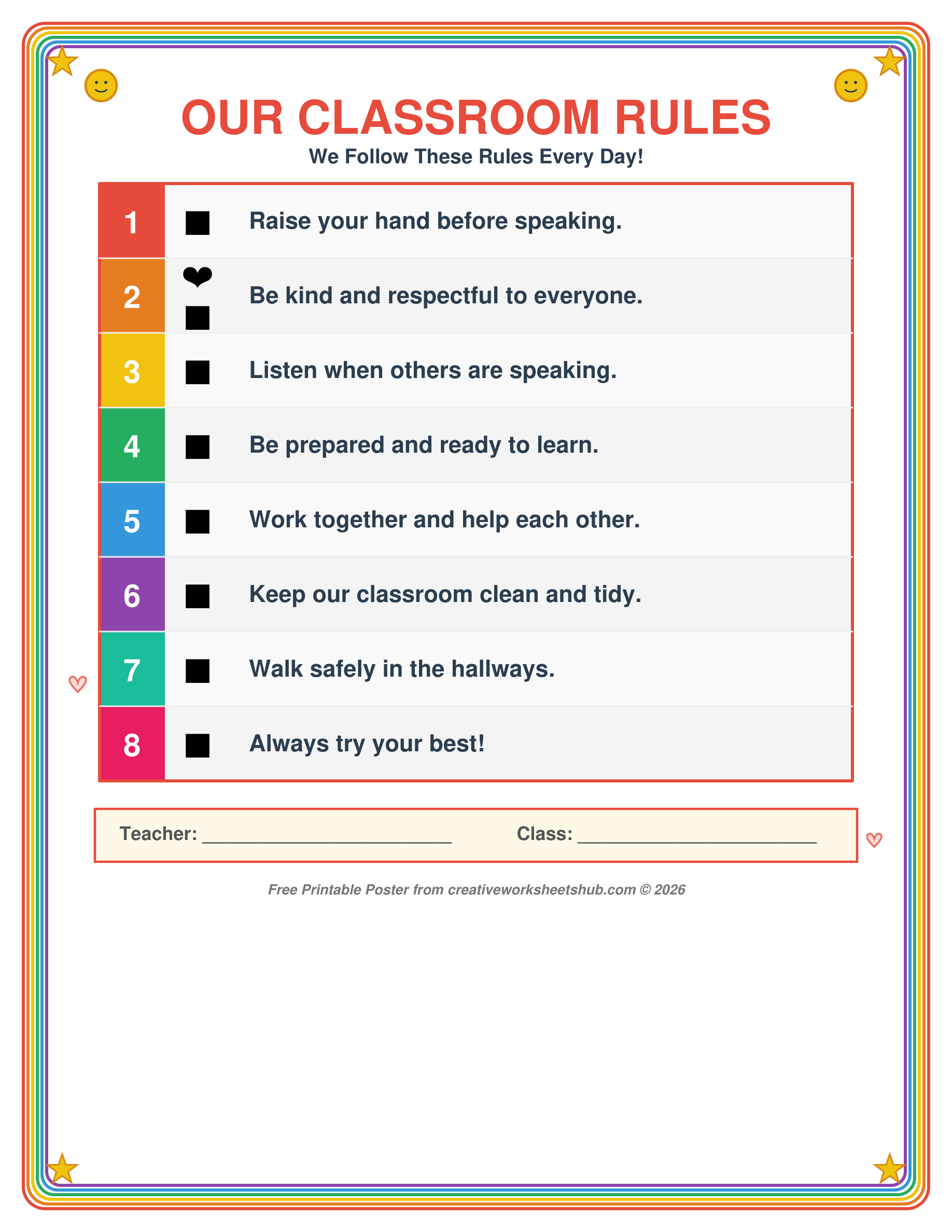Free printable classroom rules poster with 8 colorful rules and emoji icons for elementary students grades K through 5