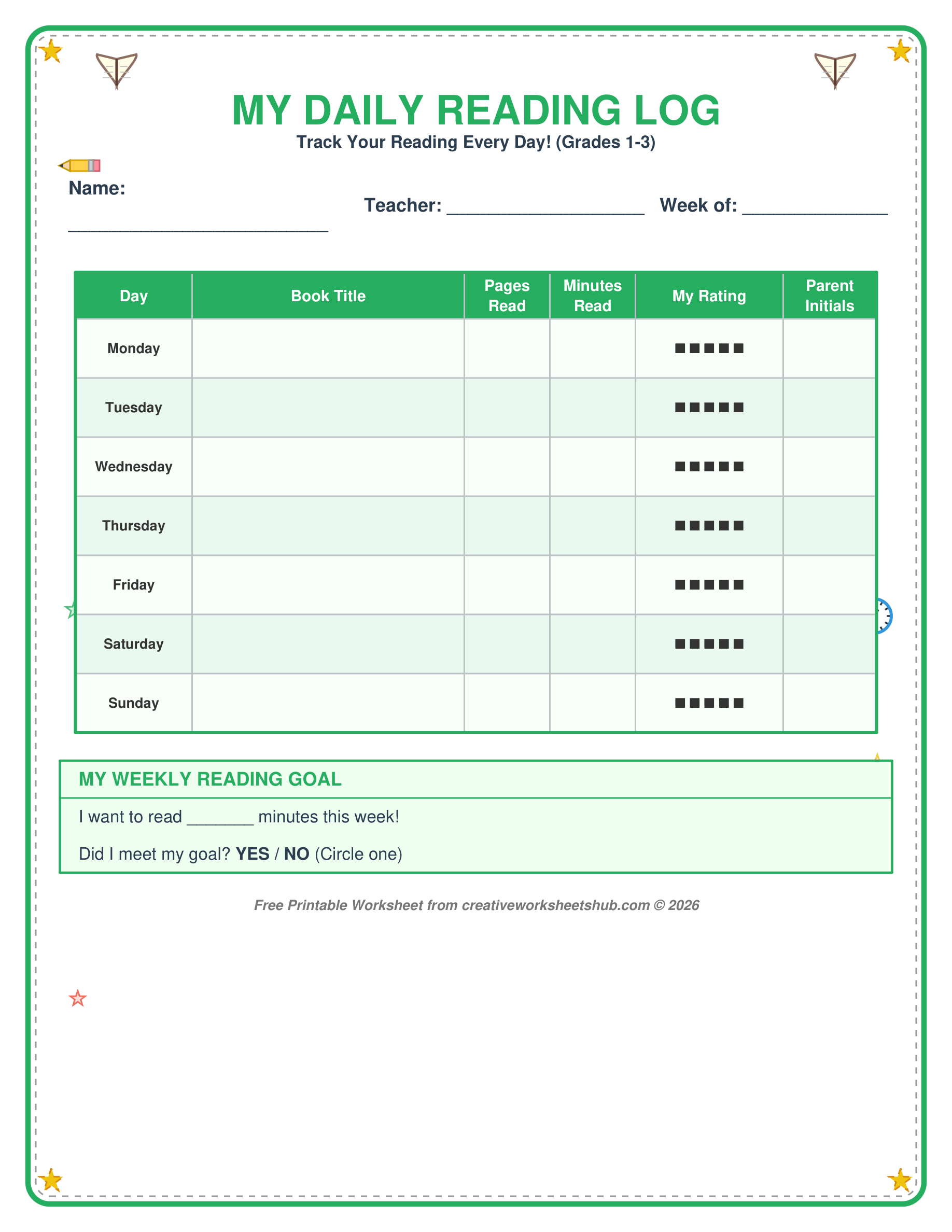 Free Printable Daily Reading Log for Kids Grades 1 through 3 with weekly tracking table and goal section