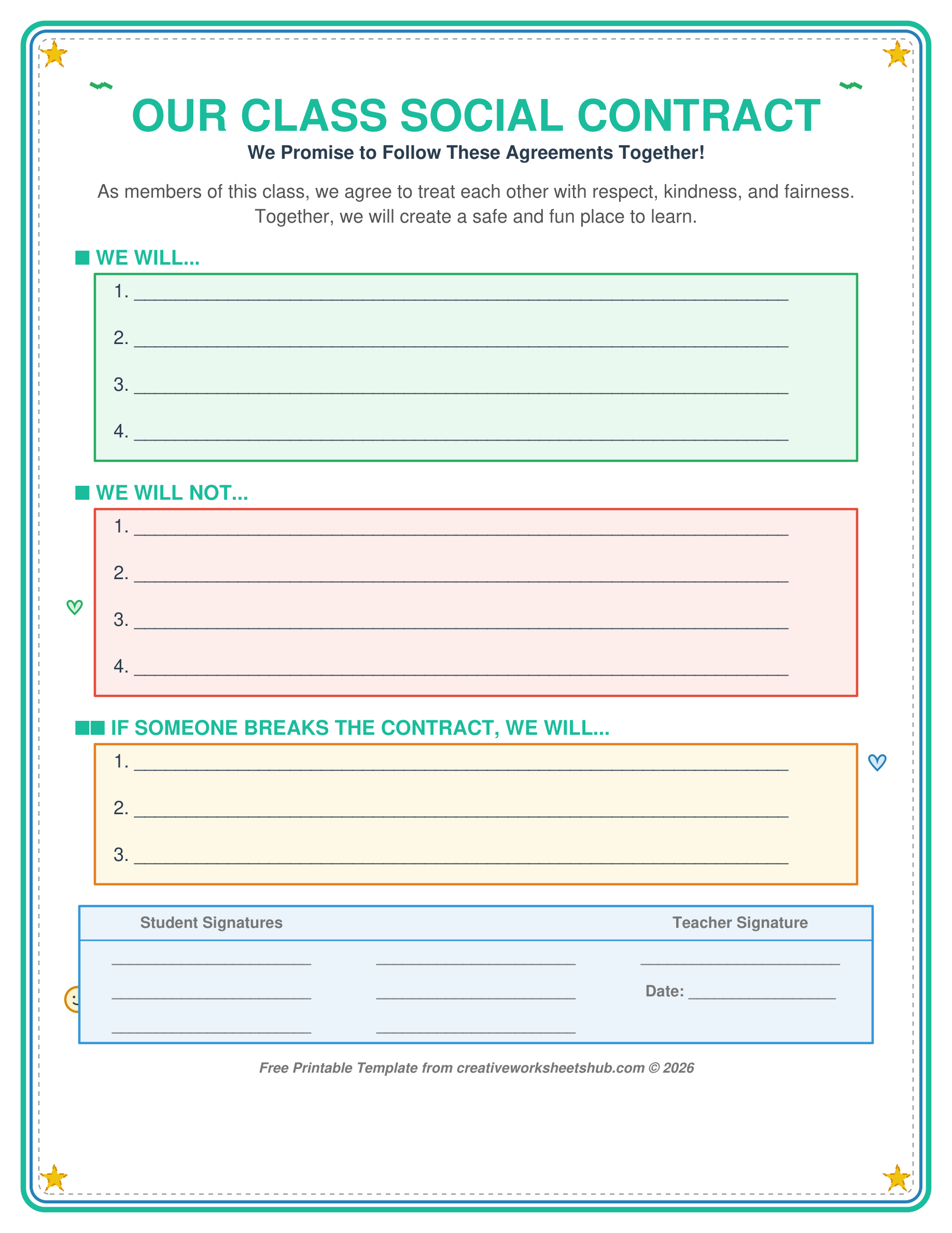 Free printable class social contract template with fill-in sections and student signature lines for grades K through 5