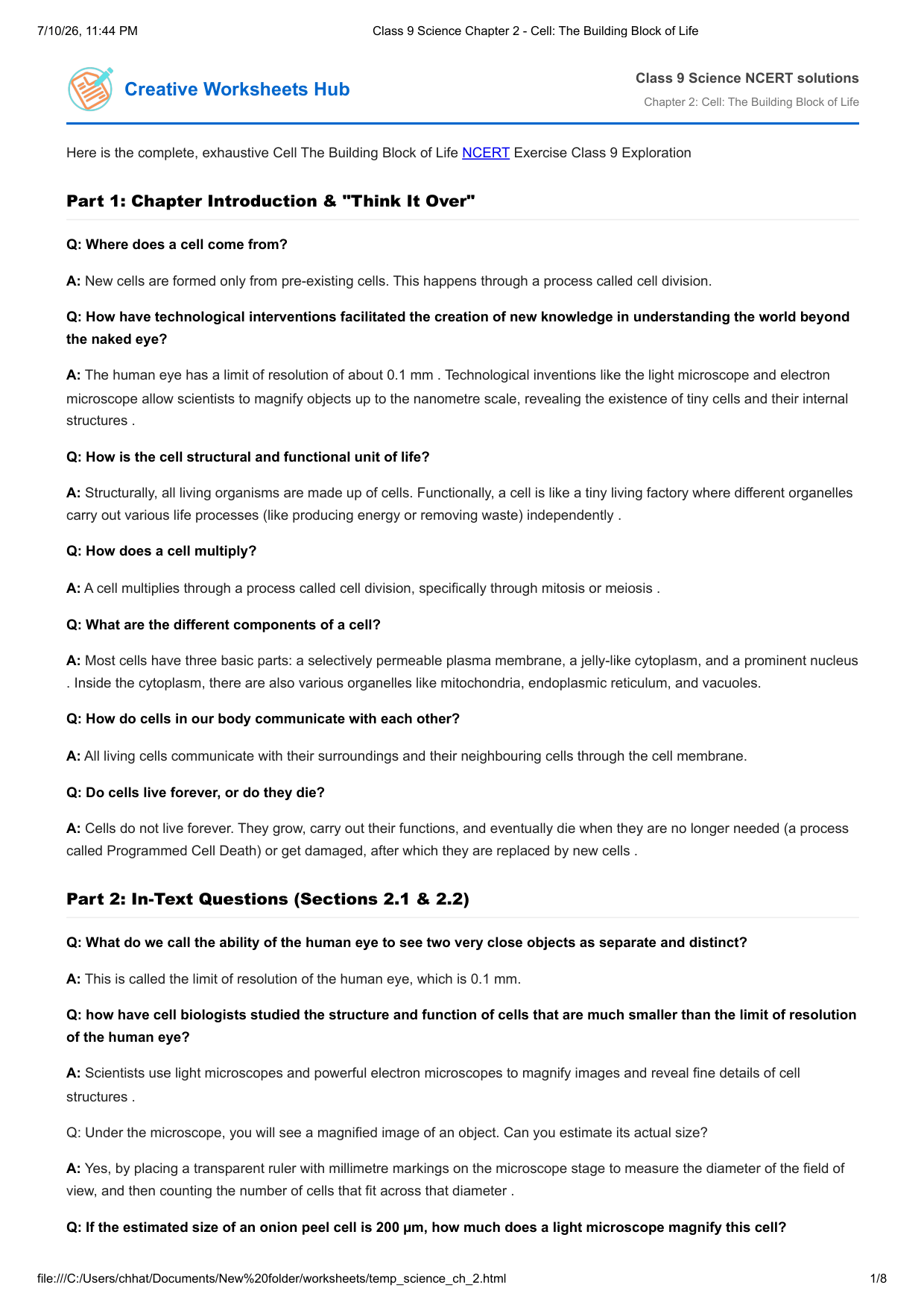 NCERT Solutions Class 9 Science Chapter 2 Cell: The Building Block of Life Solution PDF Preview