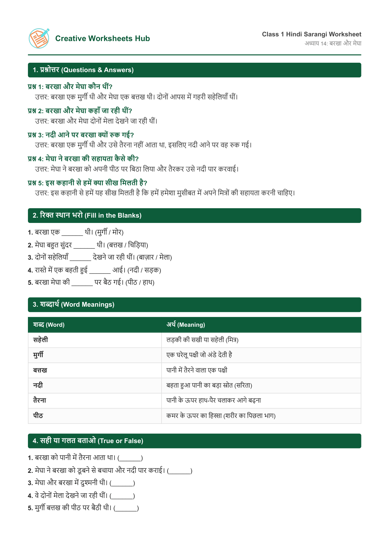 NCERT Solutions Class 1 Hindi Sarangi Chapter 14 बरखा और मेघा Worksheet Preview