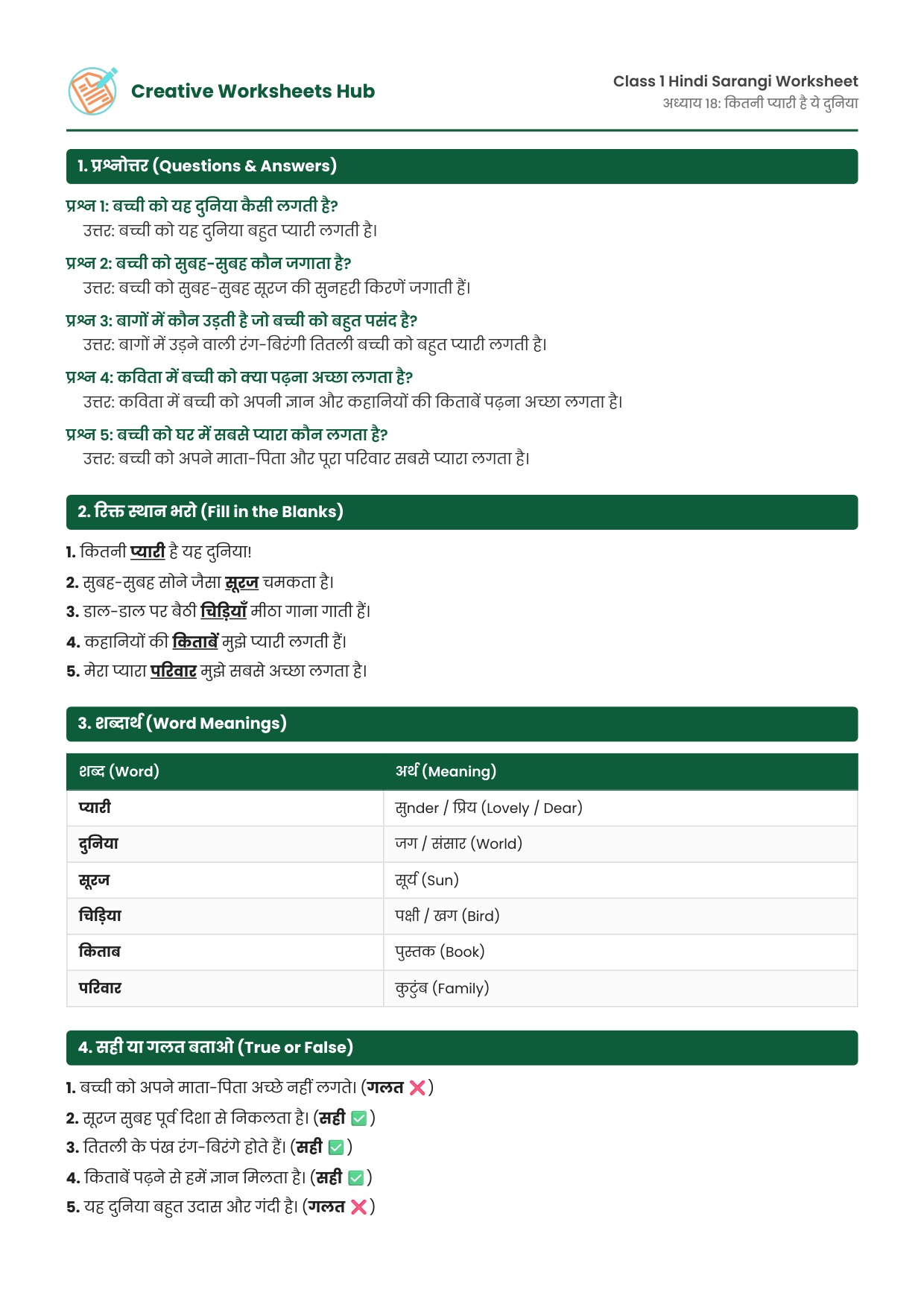 NCERT Solutions Class 1 Hindi Sarangi Chapter 18 कितनी प्यारी है ये दुनिया Worksheet Preview