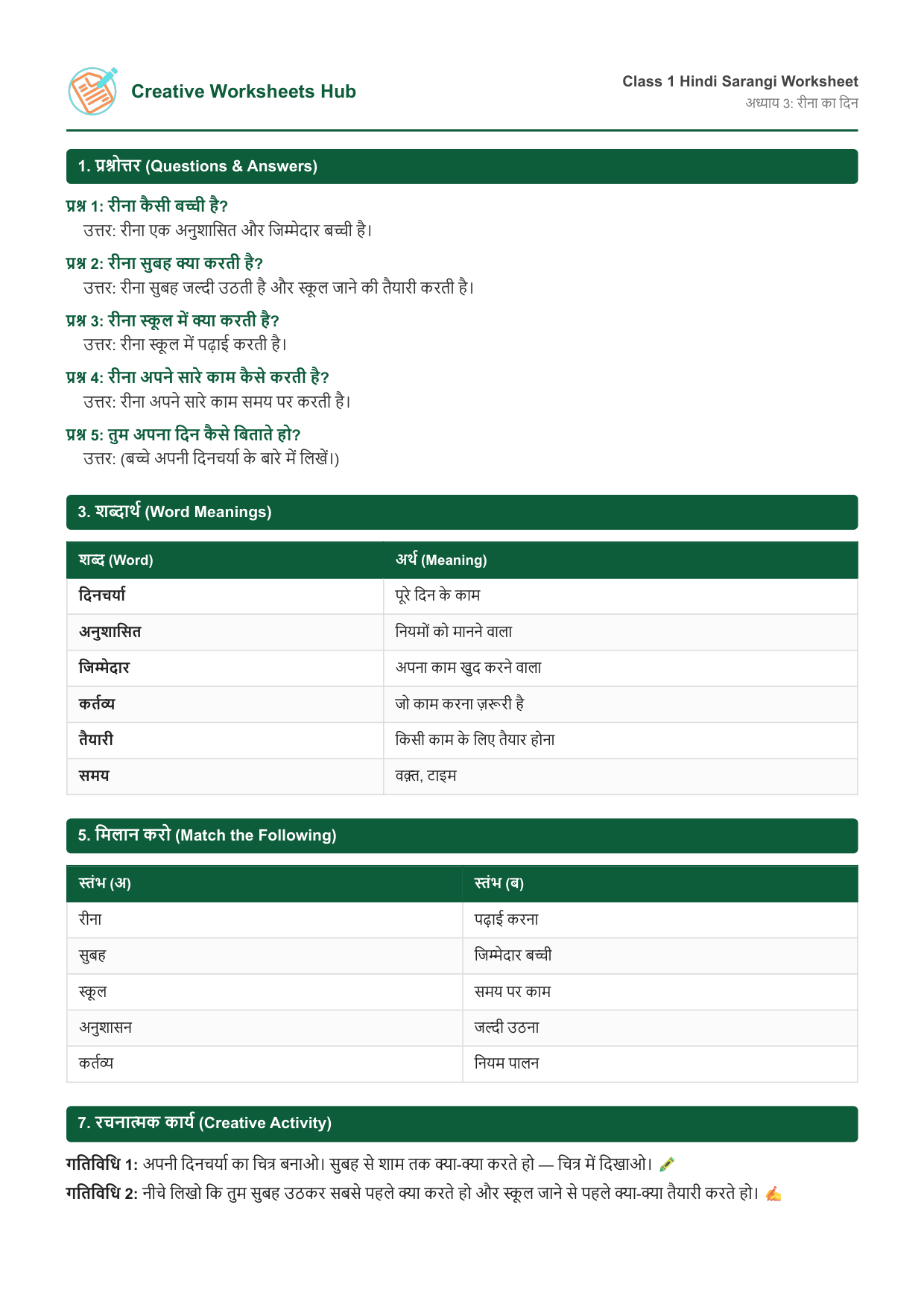 NCERT Solutions Class 1 Hindi Sarangi Chapter 3 रीना का दिन Worksheet Preview