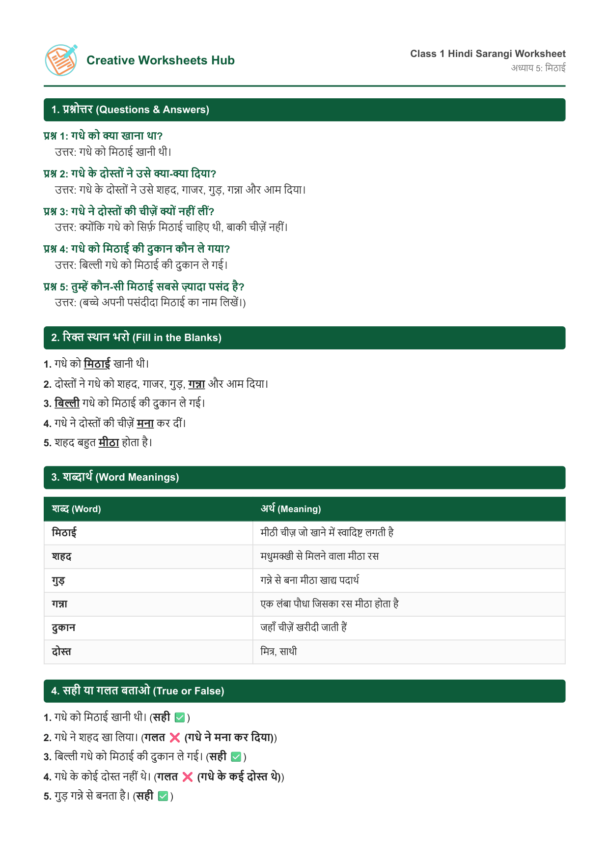NCERT Solutions Class 1 Hindi Sarangi Chapter 5 मिठाई Worksheet Preview