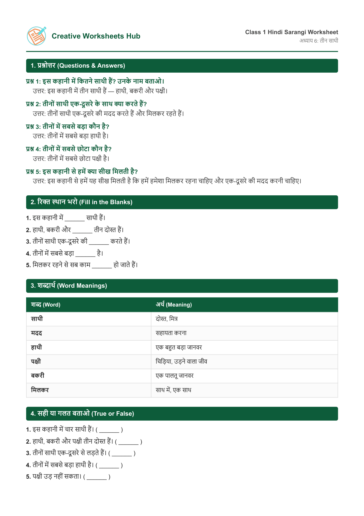 NCERT Solutions Class 1 Hindi Sarangi Chapter 6 तीन साथी Worksheet Preview