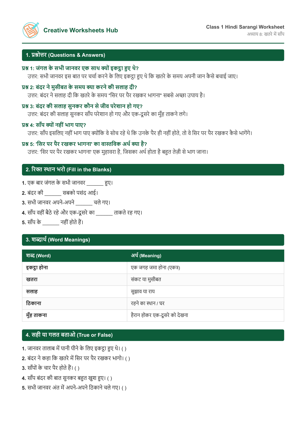 NCERT Solutions Class 1 Hindi Sarangi Chapter 8 खतरे में साँप Worksheet Preview