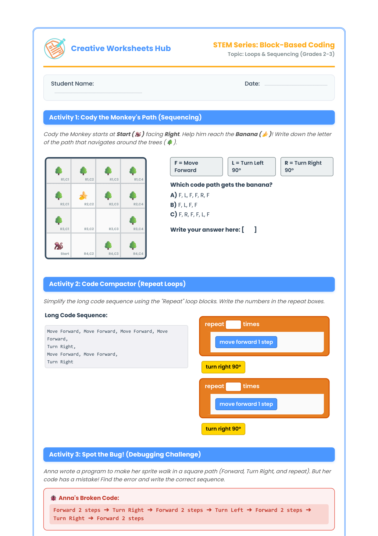 Free Printable Coding Worksheets for Kids Grades K-5 Preview