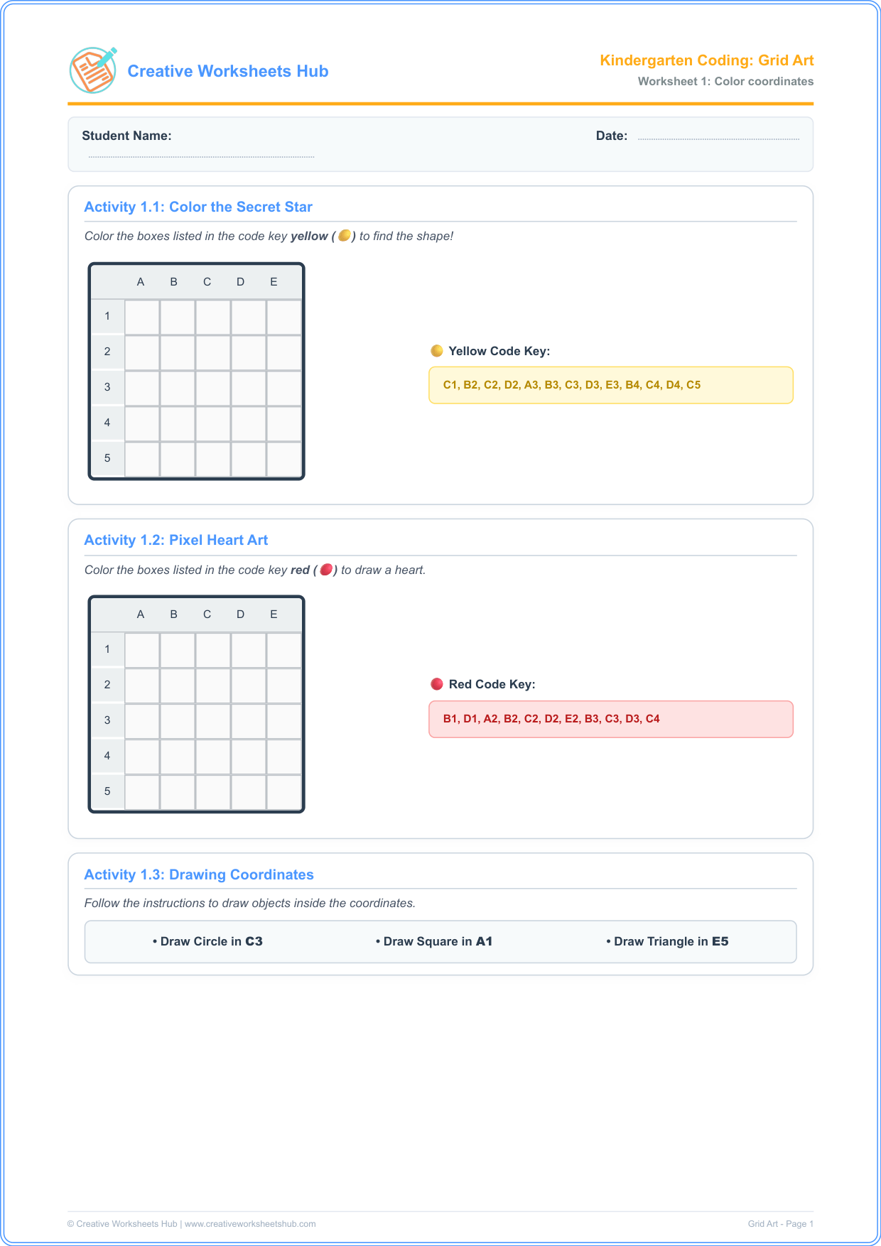 Kindergarten Pixel Coding Grid Art Worksheet Preview