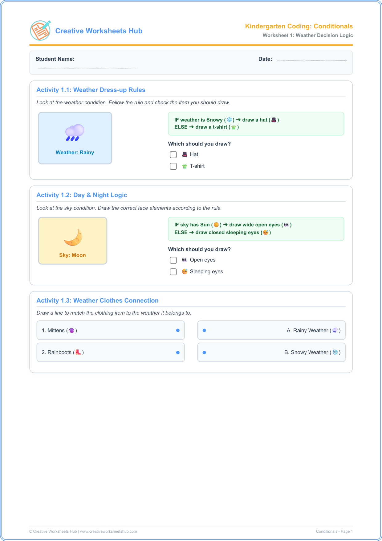 Kindergarten Conditionals If-Else Worksheet Preview