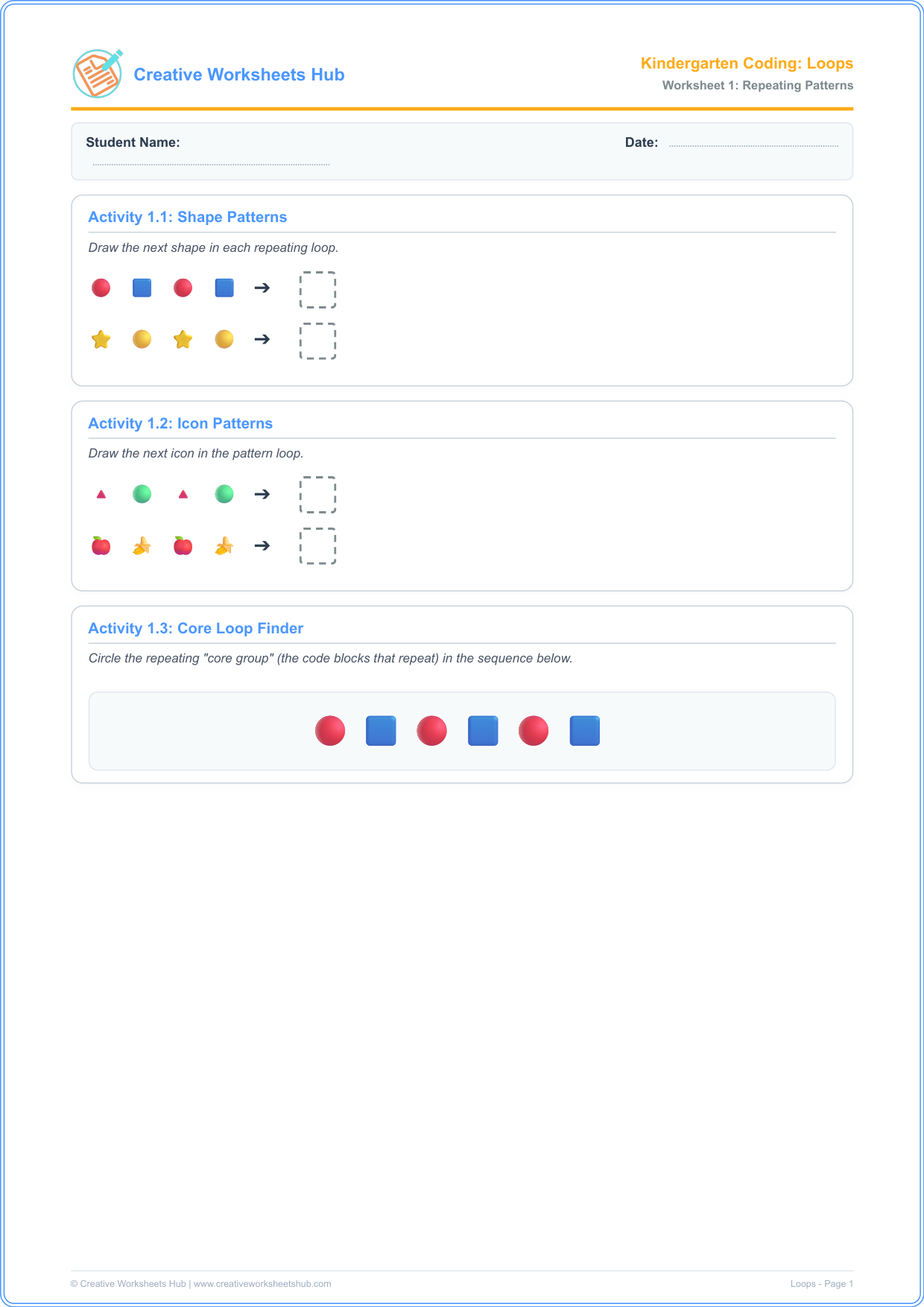 Kindergarten Loops and Patterns Worksheet Preview