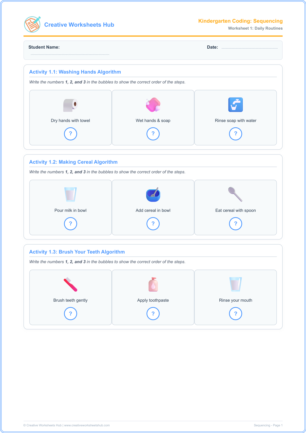 Kindergarten Sequencing Algorithms Worksheet Preview