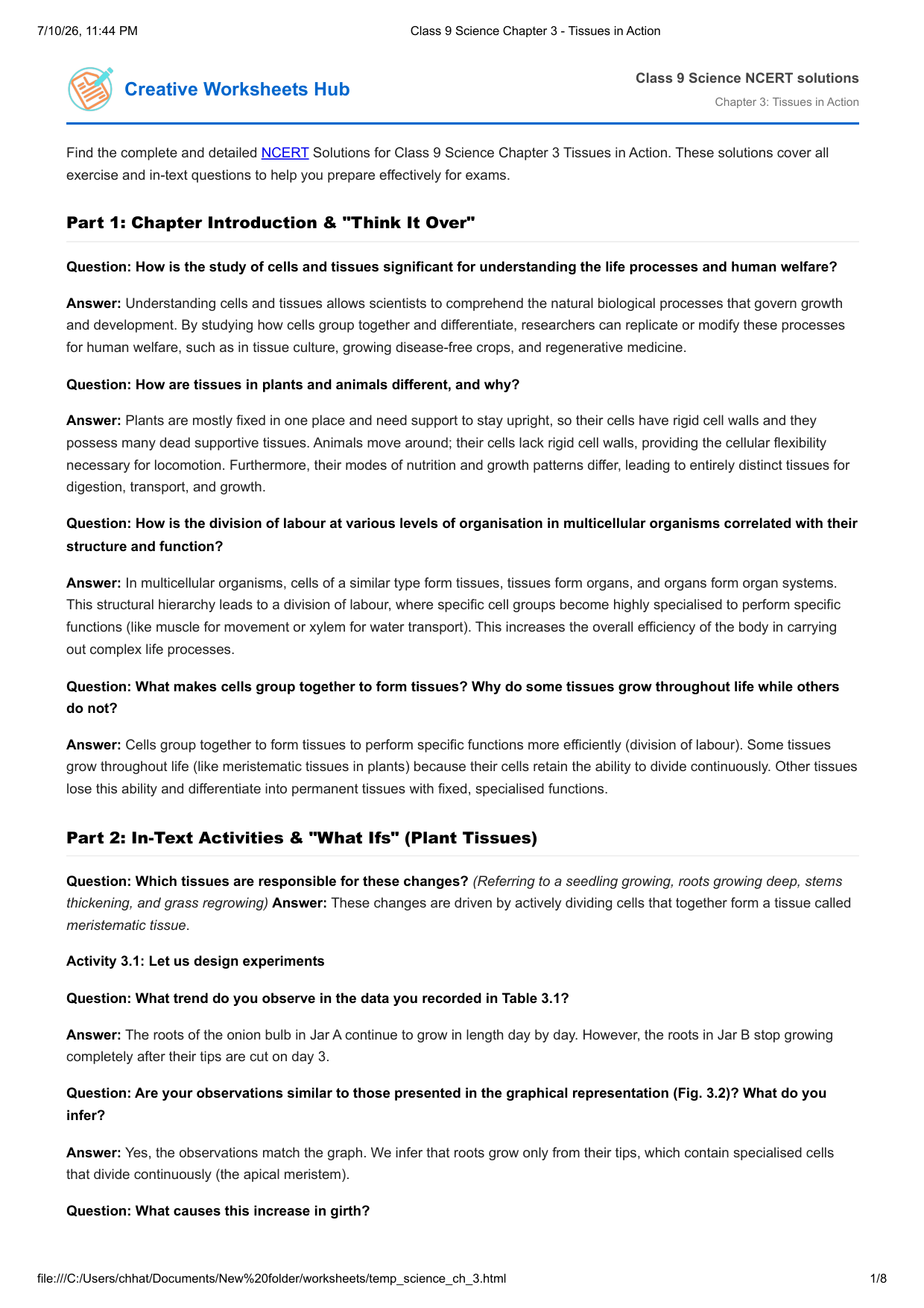 NCERT Solutions Class 9 Science Chapter 3 Tissues in Action Solution PDF Preview